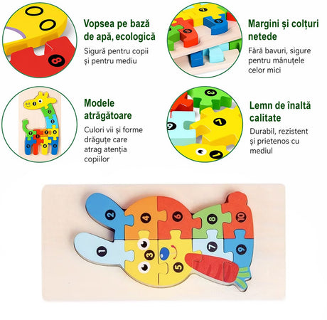 Puzzle lemn Montessori Flippy pentru copii 0-3 ani, piese individuale detaliate