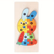 Puzzle din lemn 3D Flippy, model iepure multicolor, 11 piese, vedere frontală completă