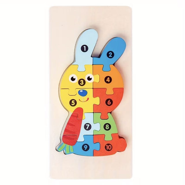 Puzzle din lemn 3D Flippy, model iepure multicolor, 11 piese, vedere frontală completă