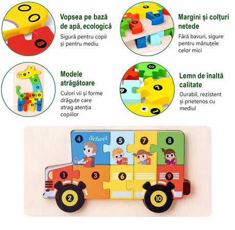Puzzle lemn Flippy autobuz școlar desfăcut, toate cele 11 piese așezate individual pe fundal alb
