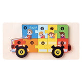 Puzzle din lemn 3D Montessori Flippy model autobuz școlar, 11 piese colorate, vedere frontală completă