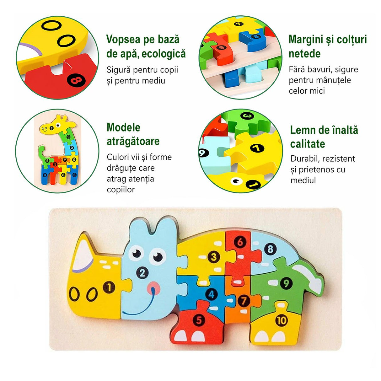 Detaliu piesă puzzle lemn 3D Flippy, vopsea ecologică multicolor, textură lemn natural