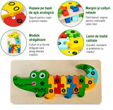 Jucărie educativă Montessori Flippy, puzzle crocodil 11 piese asamblat, perspectivă laterală