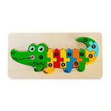 Puzzle din lemn 3D Montessori Flippy, model crocodil multicolor, 11 piese, vedere frontală completă