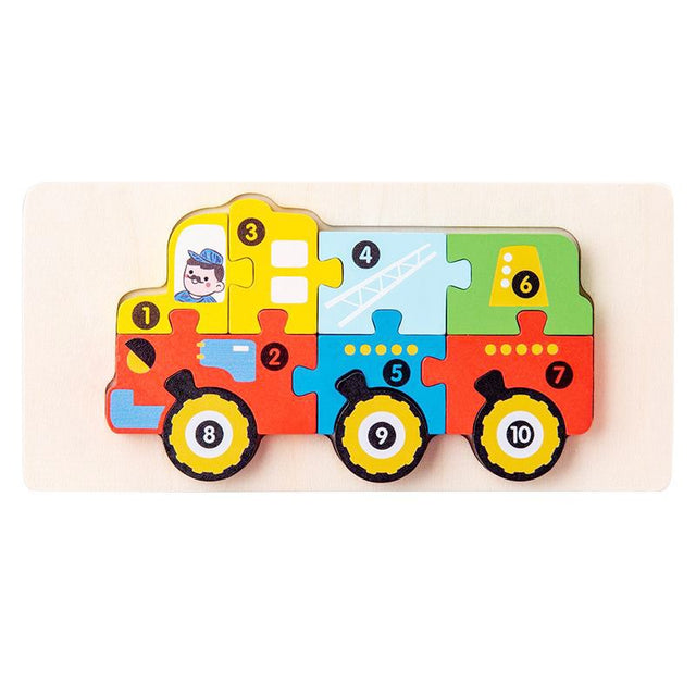 Puzzle din lemn 3D Montessori Flippy, model vehicul construcții, 11 piese multicolor, vedere frontală