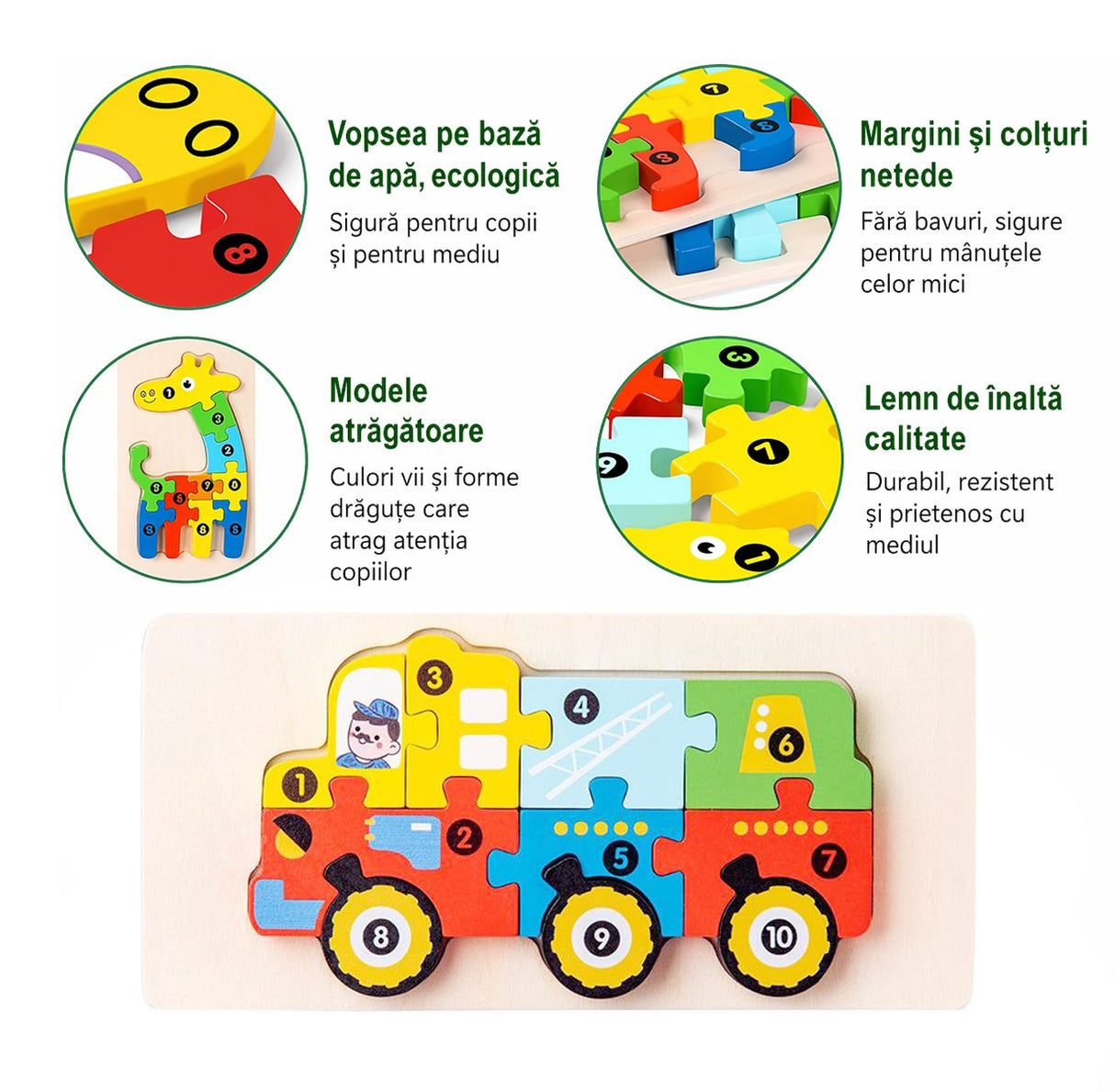 Copil mic manipulând puzzle lemn 3D Flippy vehicul construcții, joc Montessori educativ