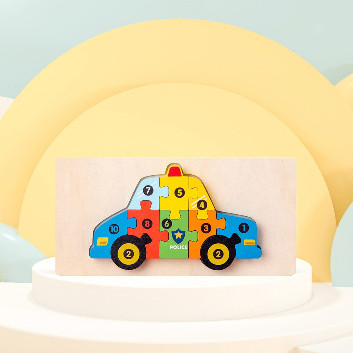 Piese puzzle Montessori Flippy din lemn natural, model mașină de poliție, detaliu textură lemn