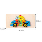 Copil 0-3 ani asamblând puzzle lemn 3D Flippy mașină de poliție, vedere laterală, joc educativ