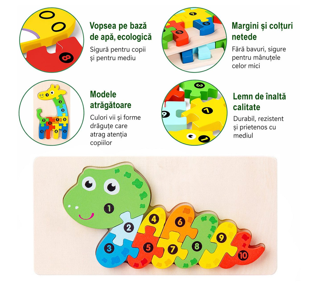 Puzzle lemn 3D Flippy model Șarpe, piesele separate evidențiind formele și culorile distincte