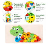 Puzzle lemn 3D Flippy model Șarpe, piesele separate evidențiind formele și culorile distincte