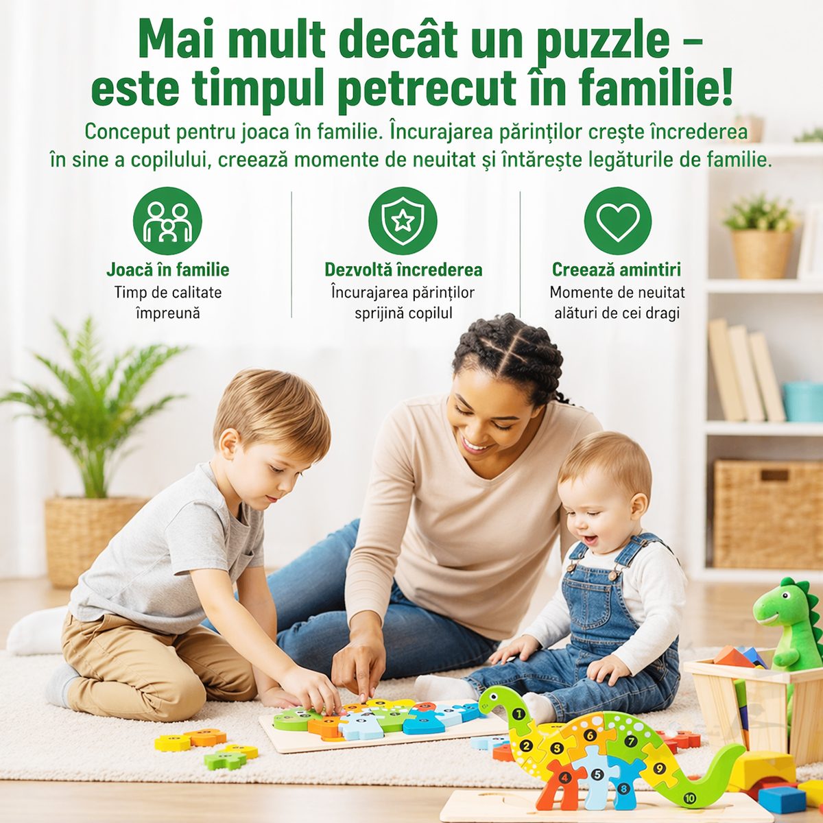 Puzzle lemn Flippy Șarpe alăturat mâinii unui copil mic, ilustrând dimensiunea de 20,5 cm lungime