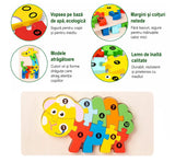 Piesele puzzle-ului din lemn Flippy model Oaie, detaliu textura lemn masiv vopsit ecologic