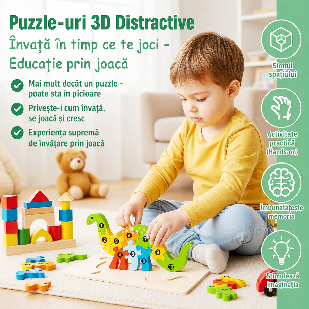Copil de 2 ani manipulând piesele puzzle-ului Flippy din lemn natural, activitate Montessori