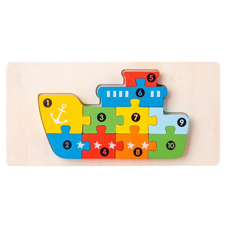 Puzzle din lemn 3D Flippy model Navă, 11 piese multicolor, vedere frontală completă
