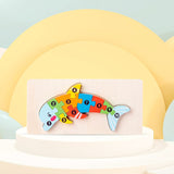Cutie ambalaj puzzle din lemn 3D Flippy Montessori delfin, 11 piese, recomandat 0-3 ani