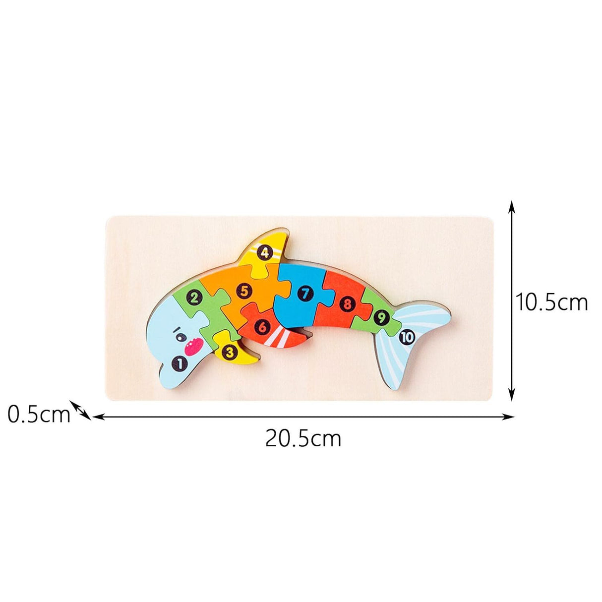 Detaliu piese puzzle lemn 3D Flippy delfin, textură lemn natural și vopsea ecologică vizibilă