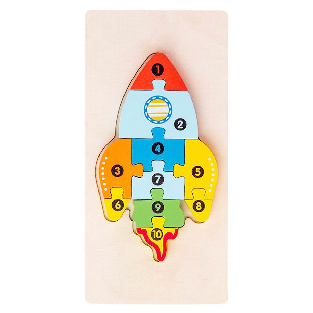 Puzzle din lemn 3D Montessori Flippy, model rachetă multicolor, 11 piese, vedere frontală completă
