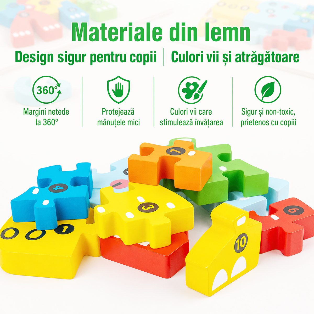 Detaliu îmbinare piese puzzle Montessori Flippy din lemn solid, model rachetă, unghi apropiat