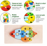 Detaliu piese puzzle lemn 3D Flippy rachetă, vopsea ecologică multicolor, textura lemnului natural