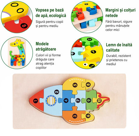 Detaliu piese puzzle lemn 3D Flippy rachetă, vopsea ecologică multicolor, textura lemnului natural