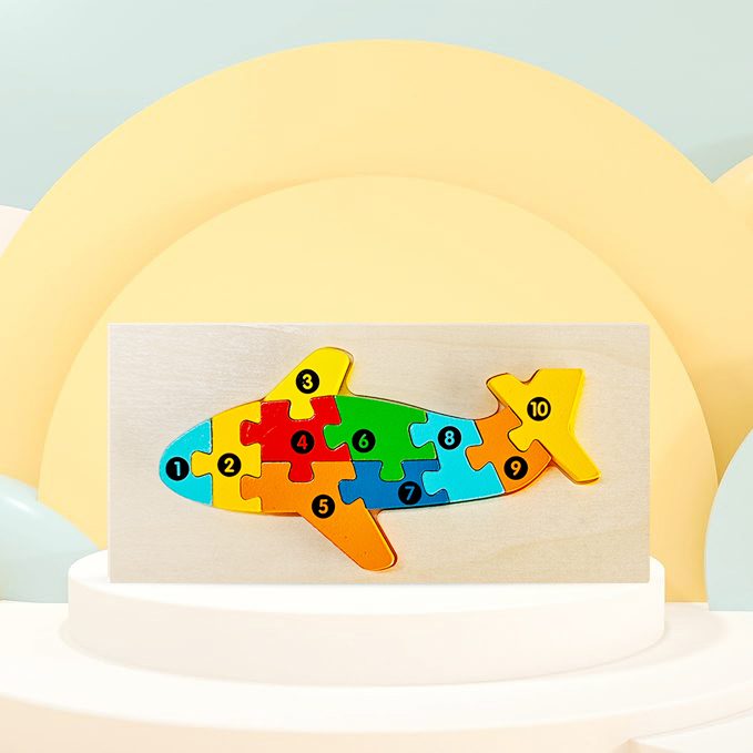 Puzzle educativ din lemn 3D Flippy avion, ambalaj și conținut complet, 11 piese