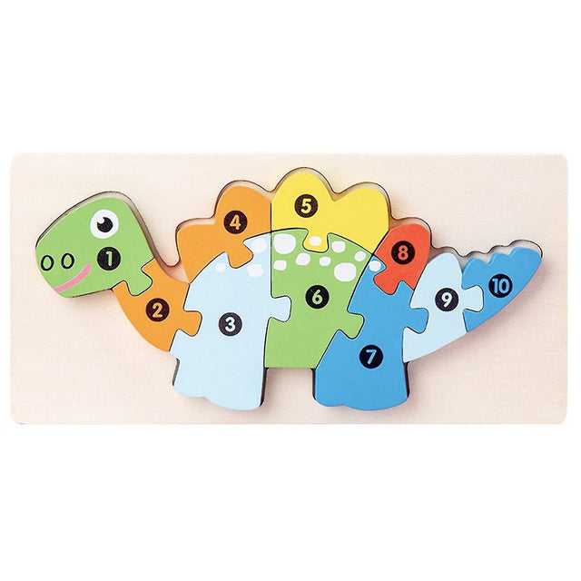 Puzzle din lemn 3D Flippy model Stegosaurus, 11 piese multicolore, vedere frontală completă