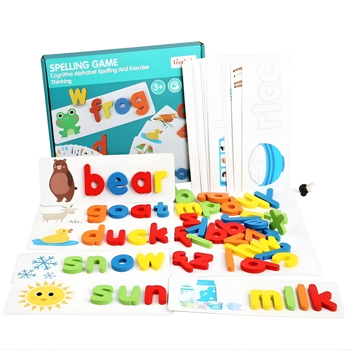 Jucărie din lemn Flippy Spelling Game – puzzle alfabet englez cu 52 litere și 28 carduri, vedere frontală