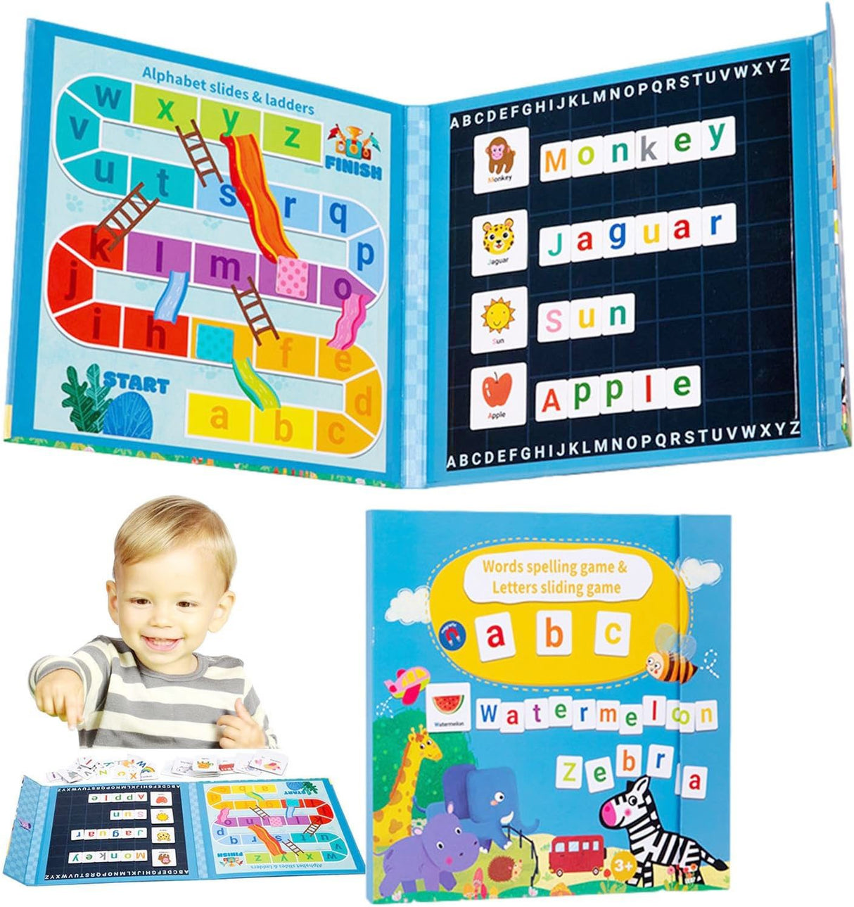 Carte educativă Flippy alfabet englez, material carton rigid, vedere spate cu detalii produs