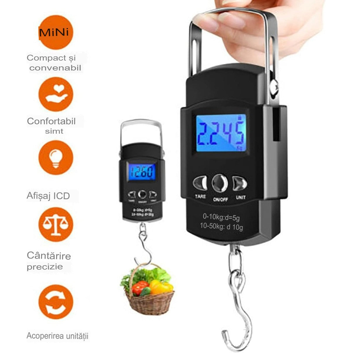 Cantar Digital De Mana Cu Carlig, Cantar Portabil, Pescuit, Cu Maner, Capacitate 50 Kg, Cu Metru Incorporat, 20.5 X 6 X 2.5 Cm, Negru - vivimall.ro