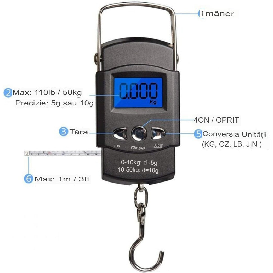 Cantar Digital de Mana cu Carlig, Vivimall, Cantar Portabil, Pescuit, cu Maner, Capacitate 50 kg, cu Metru Incorporat, 20.5 x 6 x 2.5 cm, Negru - vivimall.ro