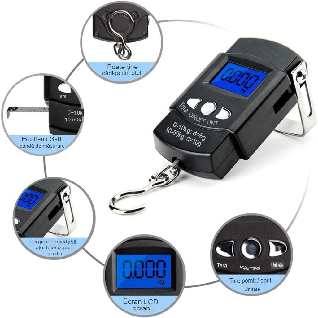 Cantar Digital De Mana Cu Carlig, Cantar Portabil, Pescuit, Cu Maner, Capacitate 50 Kg, Cu Metru Incorporat, 20.5 X 6 X 2.5 Cm, Negru - vivimall.ro