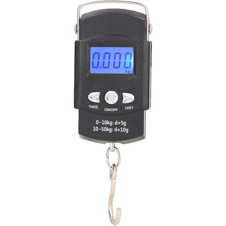 Cantar Digital de Mana cu Carlig, Vivimall, Cantar Portabil, Pescuit, cu Maner, Capacitate 50 kg, cu Metru Incorporat, 20.5 x 6 x 2.5 cm, Negru - vivimall.ro
