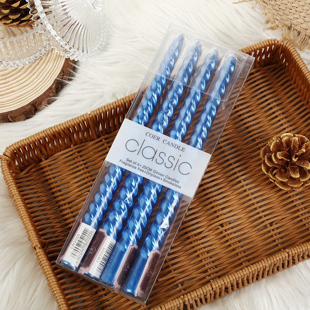 Set 4 Lumanari pentru Masa, Cina, Decor, Vivimall, Model Rasucit, Lungime 25 cm, Albastru - vivimall.ro