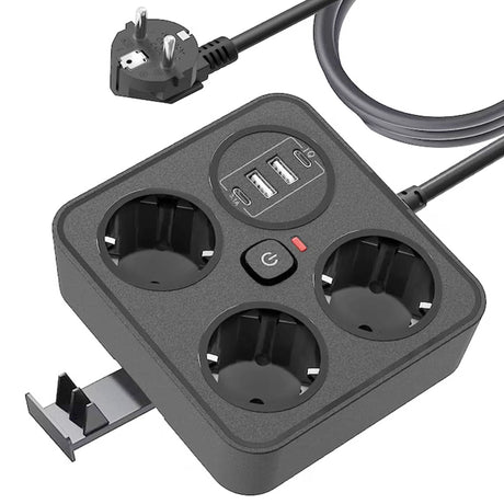 Prelungitor USB Flippy negru pentru birou, 3 prize Schuko și 4 porturi USB, vedere frontală