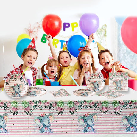 Fata de Masa, Vivimall, din Plastic, Imprimeu Elefanti, 180 x 108 cm, Roz