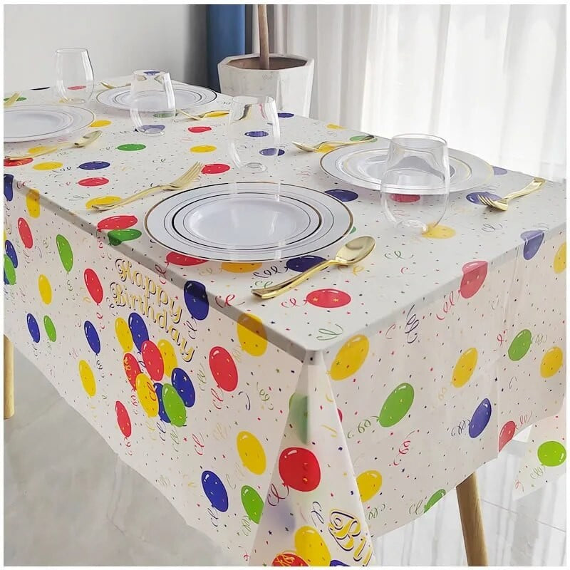 Fata de Masa, Vivimall, din PEVA, Imprimeu Happy Birthday cu Baloane, 137 x 274 cm, Impermeabila, Fara Pete, Curatare Rapida, Multicolor