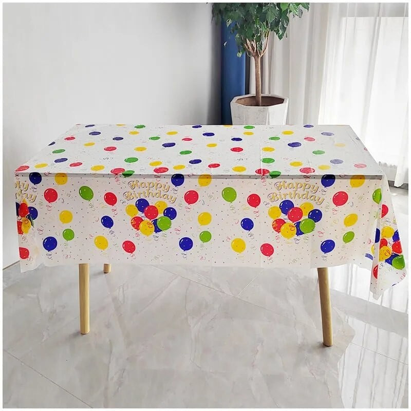 Fata de Masa, Vivimall, din PEVA, Imprimeu Happy Birthday cu Baloane, 137 x 274 cm, Impermeabila, Fara Pete, Curatare Rapida, Multicolor