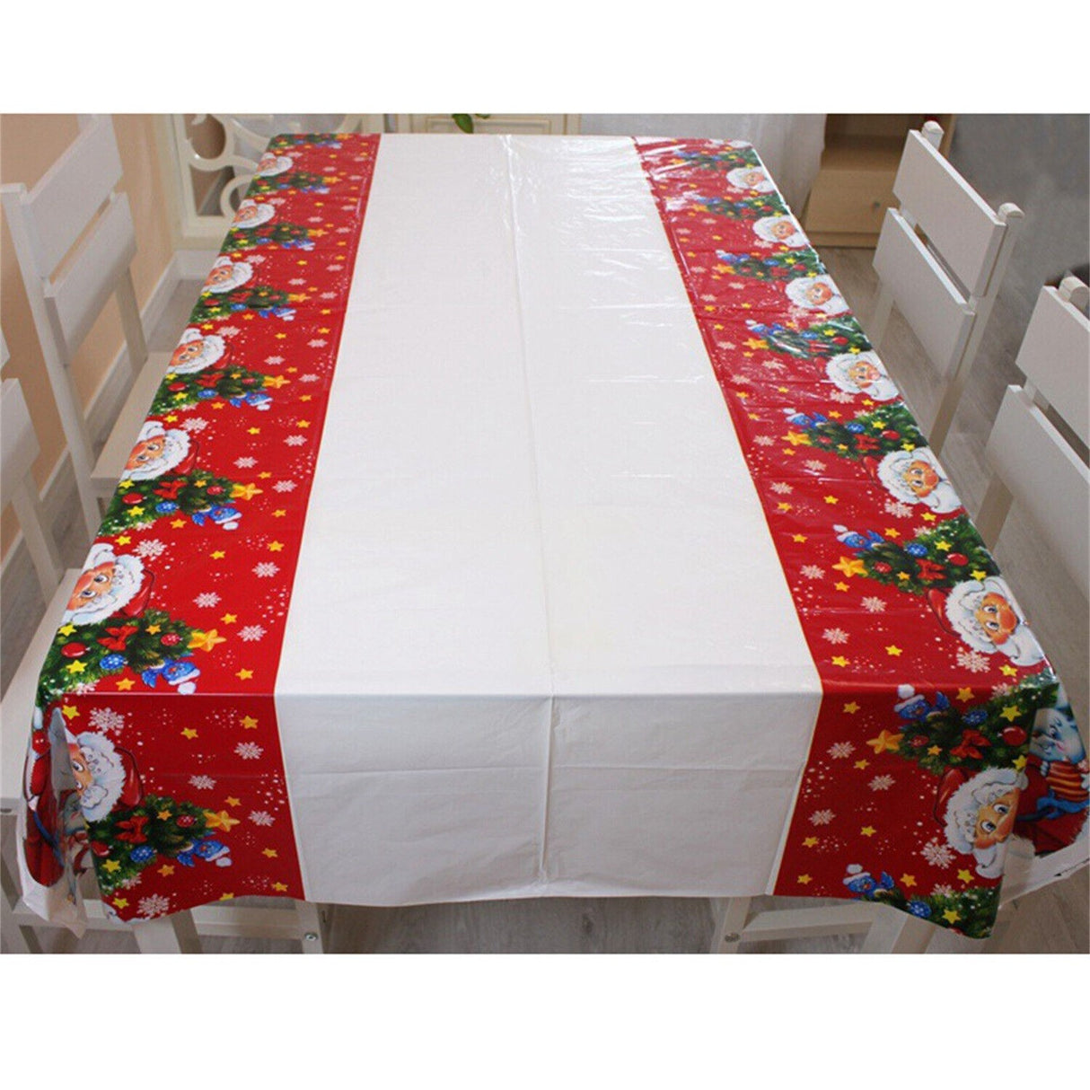 Fata de masa dreptunghiulara Flippy, PVC, 2.5 mm grosime, imprimeu Mos Craciun cu iepuras, potrivit pentru Craciun, utilizare multipla, 180 x 108 cm, alb
