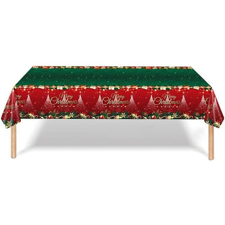 Fata de Masa Festiva, Vivimall, Dreptunghiulara, Imprimeu Merry Christmas, Tema Craciun, Rezistenta la Apa, din PVC, 137 x 274 cm, Rosu/Verde