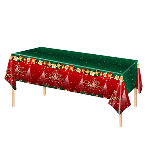 Fata de Masa Festiva, Vivimall, Dreptunghiulara, Imprimeu Merry Christmas, Tema Craciun, Rezistenta la Apa, din PVC, 137 x 274 cm, Rosu/Verde