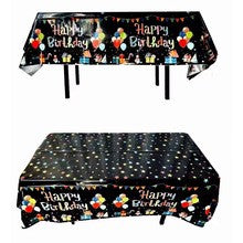 Fata de Masa, Vivimall, din Folie, Imprimeu Happy Birthday cu Baloane, 137 x 183 cm, Negru