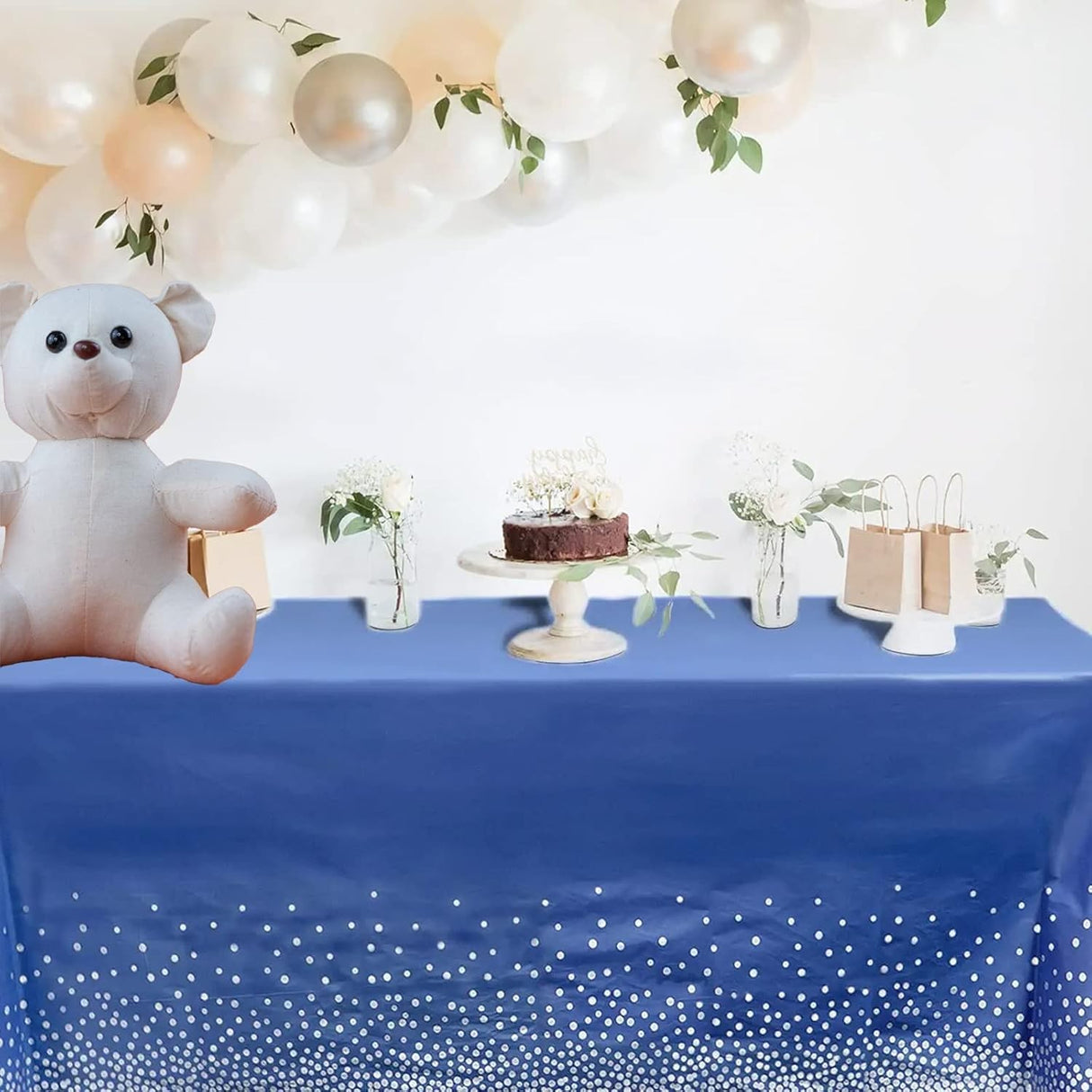 Fata de Masa, Vivimall, din PEVA, Imprimeu Buline Argintii, 137 x 274 cm, Impermeabila, Fara Pete, Curatare Rapida, Albastru Inchis