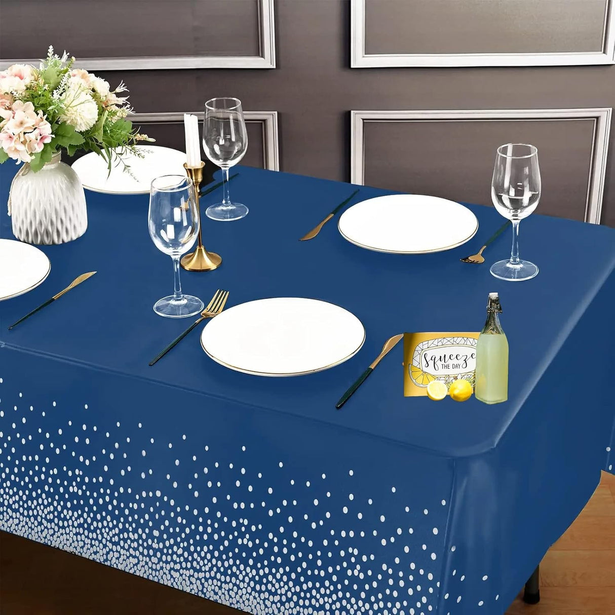 Fata de Masa, Vivimall, din PEVA, Imprimeu Buline Argintii, 137 x 274 cm, Impermeabila, Fara Pete, Curatare Rapida, Albastru Inchis