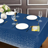 Fata de Masa, Vivimall, din PEVA, Imprimeu Buline Argintii, 137 x 274 cm, Impermeabila, Fara Pete, Curatare Rapida, Albastru Inchis