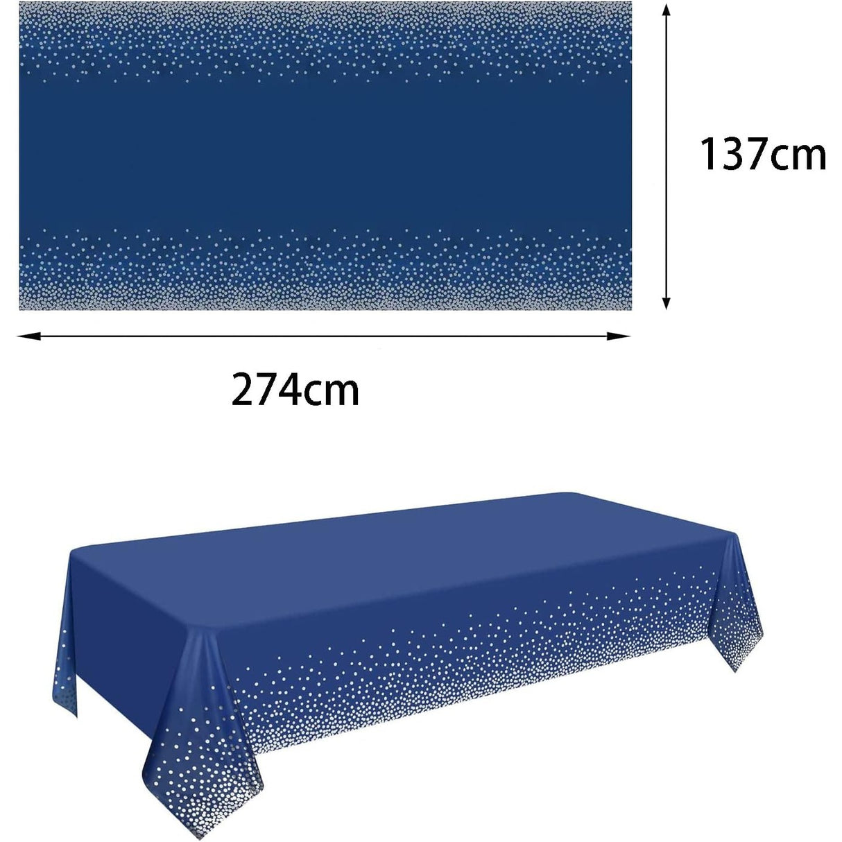 Fata de Masa, Vivimall, din PEVA, Imprimeu Buline Argintii, 137 x 274 cm, Impermeabila, Fara Pete, Curatare Rapida, Albastru Inchis