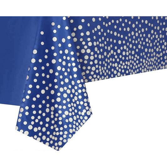 Fata de Masa, Vivimall, din PEVA, Imprimeu Buline Argintii, 137 x 274 cm, Impermeabila, Fara Pete, Curatare Rapida, Albastru Inchis