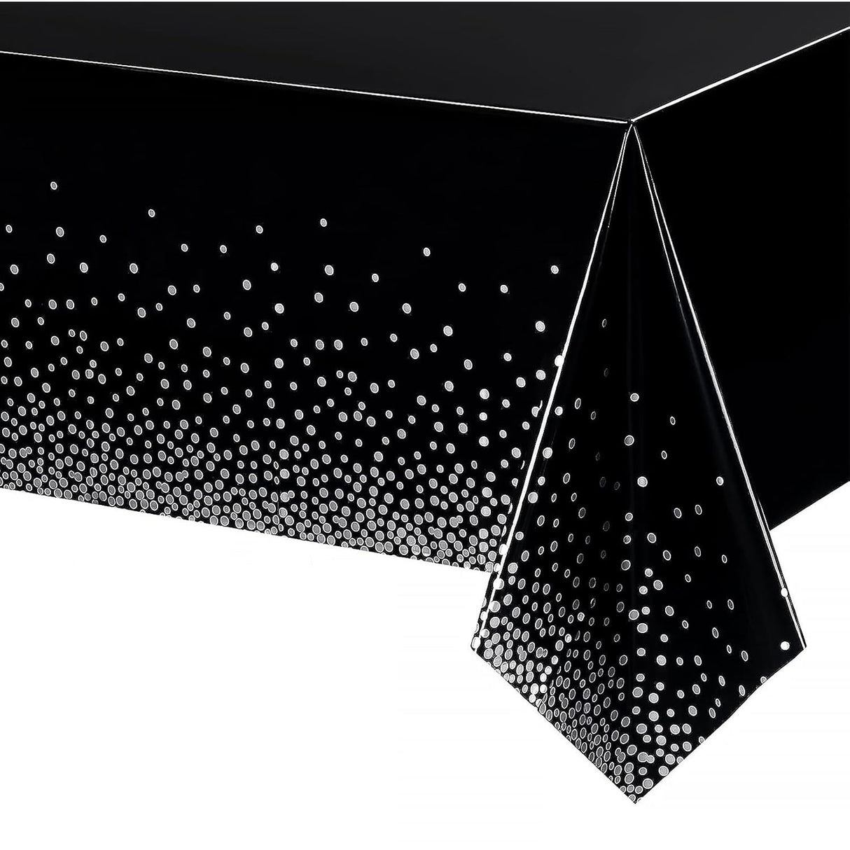 Fata de Masa, Vivimall, din PEVA, Imprimeu Buline Argintii, 137 x 274 cm, Impermeabila, Fara Pete, Curatare Rapida, Negru