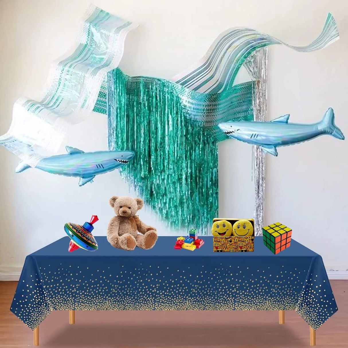 Fata de Masa, Vivimall, din PEVA, Imprimeu Buline Aurii, 137 x 274 cm, Impermeabila, Fara Pete, Curatare Rapida, Albastru Inchis