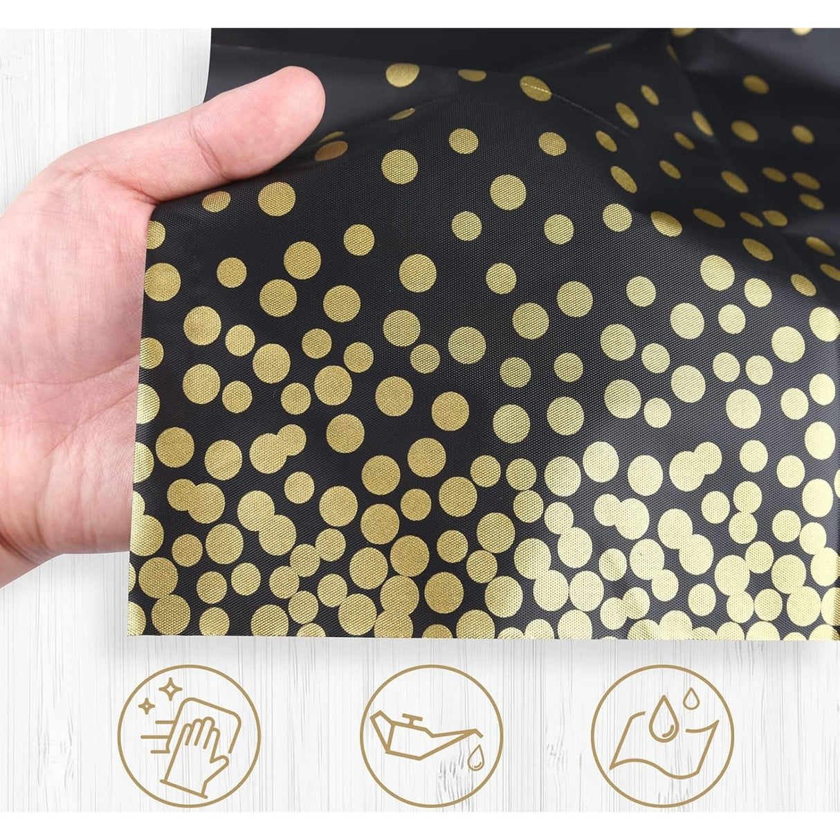 Fata de Masa, Vivimall, din PEVA, Imprimeu Buline Aurii, 137 x 274 cm, Impermeabila, Fara Pete, Curatare Rapida, Negru