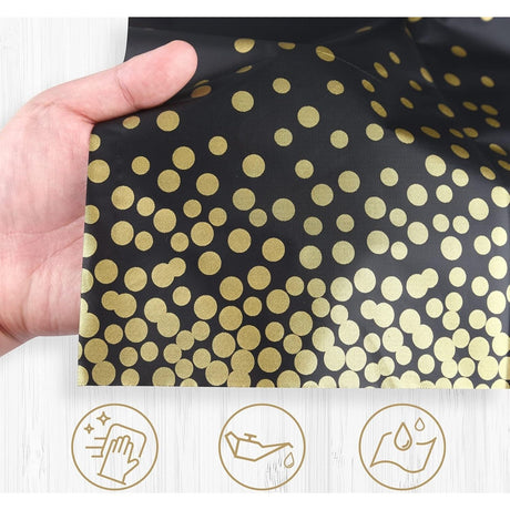 Fata de Masa, Vivimall, din PEVA, Imprimeu Buline Aurii, 137 x 274 cm, Impermeabila, Fara Pete, Curatare Rapida, Negru